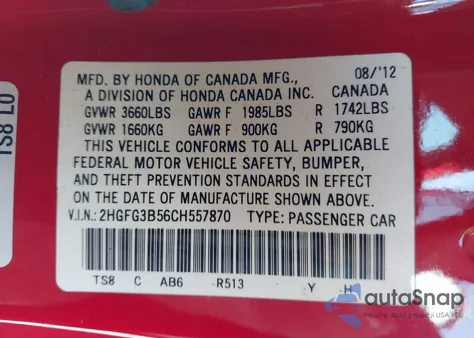 2012 Honda Civic Lx from USA, damaged, VIN 2HGFG3B56CH557870